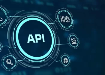 A digital illustration showcasing a central circle labeled "API" connected to six smaller circular icons representing various functions: user, gear/settings, selection, graph, magnifying glass/search, and collaboration. The background is dark blue and technological, hinting at Weather API Integration. | FintechZoom