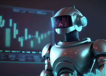 A futuristic robot wearing a visor stands in front of a digital screen displaying financial graphs and data. The robot appears to be analyzing data, resembling the sophisticated automated trading bots, with blue and green lights illuminating the scene, creating a high-tech, futuristic atmosphere. | FintechZoom