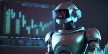 A futuristic robot wearing a visor stands in front of a digital screen displaying financial graphs and data. The robot appears to be analyzing data, resembling the sophisticated automated trading bots, with blue and green lights illuminating the scene, creating a high-tech, futuristic atmosphere. | FintechZoom