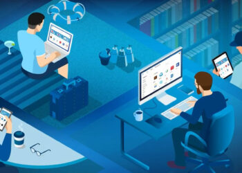 Illustration of four people working from different locations. One person is on a laptop sitting on a bed, another is standing with a tablet, one is sitting bent over a tablet, and the last is at a desk with a laptop. The background shows shelves with books, highlighting an environment for effective employee monitoring.
 | FintechZoom