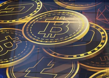 A digital illustration features various cryptocurrency symbols, with a prominent Bitcoin symbol (a "B" with vertical lines) in the foreground. Other symbols, like those for Litecoin and Dogecoin, are visible against a dark, futuristic backdrop, echoing the innovative spirit of Crypto30x. | FintechZoom