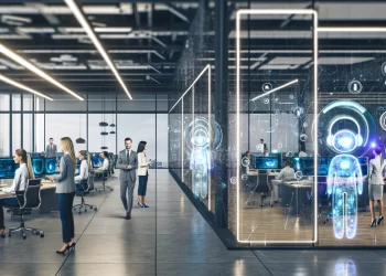 A modern office in BPO Colombia with glass walls shows employees working at desks with computer screens. Digital holographic figures and futuristic icons project onto the glass, suggesting a high-tech, innovative environment focused on technology and collaboration. | FintechZoom