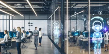 A modern office in BPO Colombia with glass walls shows employees working at desks with computer screens. Digital holographic figures and futuristic icons project onto the glass, suggesting a high-tech, innovative environment focused on technology and collaboration. | FintechZoom