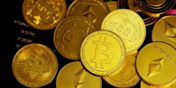 A pile of various gold-colored cryptocurrency coins, including Bitcoin, Ethereum, and Dogecoin, is spread out over a background of a digital screen displaying financial data and charts. The coins feature iconic symbols representing each cryptocurrency token. | FintechZoom