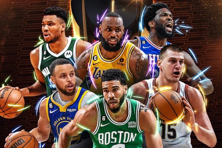 A vibrant collage features six professional basketball players in their team uniforms, holding basketballs, surrounded by colorful bursts. The players are from different NBA teams, including the Lakers, Warriors, Bucks, Celtics, 76ers, and Nuggets—ideal for fans checking out NBA Betting Sites. | FintechZoom