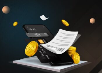 A smartphone displays a resilient financial app with an image of cards and currency. Stacks of gold coins, a receipt, and a barcode float around it. The background is dark with a geometric design, and glowing spheres add depth to the scene, highlighting the secure payments system. | FintechZoom