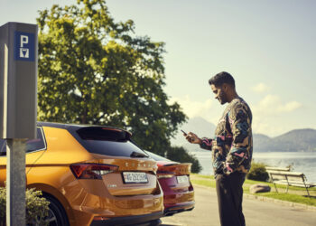 A man dressed in a colorful sweater stands next to an orange Skoda car, looking at his phone. He's in a parking area by a scenic lake with trees and mountains in the background. A parking sign and another parked car are visible nearby. | FintechZoom