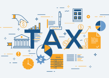 Illustration with the word "TAX" in the center, surrounded by various financial and tax-related icons like a calculator, documents, graphs, a clock, a bank building, and money symbols, including Tax-Free Bonds. The design features blue, yellow, and white colors with modern, stylized graphics. | FintechZoom