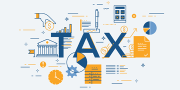 Illustration with the word "TAX" in the center, surrounded by various financial and tax-related icons like a calculator, documents, graphs, a clock, a bank building, and money symbols, including Tax-Free Bonds. The design features blue, yellow, and white colors with modern, stylized graphics. | FintechZoom