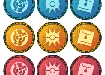 A 3x3 grid of colorful circular icons mimics the thrill of Sweepstakes Casinos. The top row has blue circles with symbols of a gear, compass, and box with a line. The middle row features yellow circles with the same symbols. The bottom row displays red circles adorned with identical gear, compass, and box icons. | FintechZoom