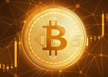 A golden Bitcoin symbol centered on a digital background with interconnected nodes. Surrounding the Bitcoin symbol are lines of binary code and text stating "Bitcoin Decentralized Digital Currency Blockchain". A rising bar chart is visible on the right, indicating a Crypto Market Update. | FintechZoom