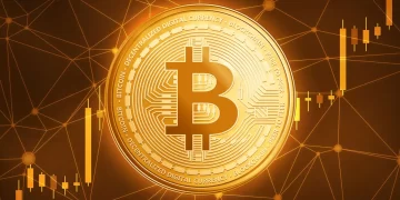 A golden Bitcoin symbol centered on a digital background with interconnected nodes. Surrounding the Bitcoin symbol are lines of binary code and text stating "Bitcoin Decentralized Digital Currency Blockchain". A rising bar chart is visible on the right, indicating a Crypto Market Update. | FintechZoom