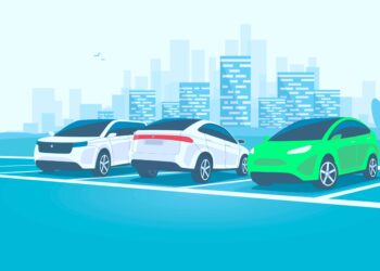 A blue-toned illustration shows three parked cars in a parking area. Two of the cars are white, and one is green. A person is walking toward the cars from the left side. In the background, there are tall buildings and a few birds flying in the sky. | FintechZoom