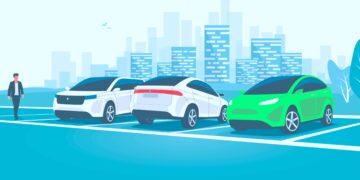 A blue-toned illustration shows three parked cars in a parking area. Two of the cars are white, and one is green. A person is walking toward the cars from the left side. In the background, there are tall buildings and a few birds flying in the sky. | FintechZoom