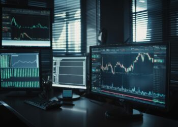 A dimly lit office with multiple computer monitors displaying various financial charts and graphs, including stock market trends, trading data, and the best dividend stocks. The room is illuminated by light filtering through partially closed blinds. | FintechZoom