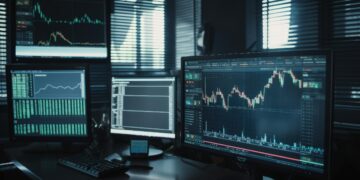 A dimly lit office with multiple computer monitors displaying various financial charts and graphs, including stock market trends, trading data, and the best dividend stocks. The room is illuminated by light filtering through partially closed blinds. | FintechZoom