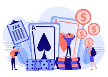 Illustration of gambling concept with oversized playing cards, dice, poker chips, and dollar coins. Two small characters are seen, one holding a TAX clipboard and another lifting a dollar coin, highlighting financial aspects and the importance of responsible gambling. | FintechZoom