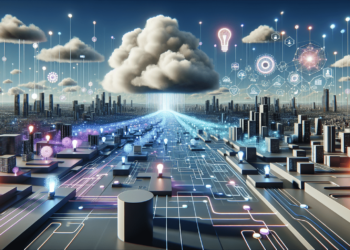 A digital cityscape with numerous skyscrapers and glowing circuits on the ground. A large cloud above the city connects to various digital icons, including light bulbs, gears, and connectivity symbols, representing cloud computing and smart technology integration. | FintechZoom