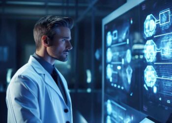A focused man in a white lab coat is standing in front of a large, futuristic screen displaying various holographic data and diagrams related to patient diagnosis. The environment appears to be a high-tech laboratory with dim lighting, accentuating the blue glow from the screen. | FintechZoom