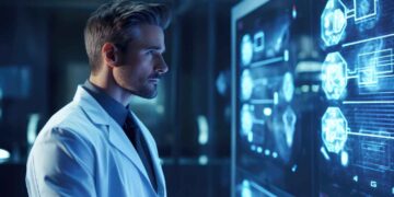 A focused man in a white lab coat is standing in front of a large, futuristic screen displaying various holographic data and diagrams related to patient diagnosis. The environment appears to be a high-tech laboratory with dim lighting, accentuating the blue glow from the screen. | FintechZoom