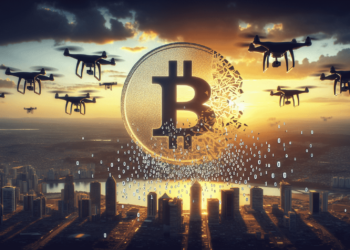 A large Bitcoin symbol dissolving into binary code hovers over a cityscape at sunset. Drones fly around the Bitcoin symbol, with the sun setting behind them, casting a warm glow across the scene. Skyscrapers are in the foreground, hinting at curiosity about Bitcoin price today. | FintechZoom