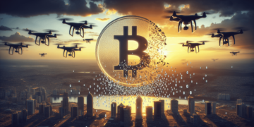 A large Bitcoin symbol dissolving into binary code hovers over a cityscape at sunset. Drones fly around the Bitcoin symbol, with the sun setting behind them, casting a warm glow across the scene. Skyscrapers are in the foreground, hinting at curiosity about Bitcoin price today. | FintechZoom