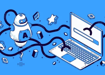 Illustration of a robot interacting with a laptop. The robot, bearing a large "A" on its chest, has multiple arms extending to the laptop's keyboard, screen, and surrounding icons like a star, shield, and geometric shapes. The background is blue, symbolizing undetectable AI seamlessly at work. | FintechZoom