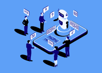 Illustration of five people interacting with a large smartphone display featuring a chatbot. The chatbot, depicted as a robot, is at the center while people around it exchange various icons like messages, questions, money, and graphs. This vibrant scene highlights the importance of Chatbot Development. | FintechZoom