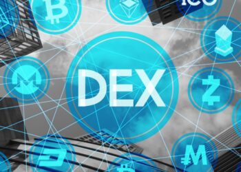 A digital illustration featuring the acronym "DEX" at the center, surrounded by various cryptocurrency symbols, including Bitcoin and Ethereum, connected by blue trading lines. The background includes tall buildings and a cloudy sky, blending the digital and physical worlds. | FintechZoom