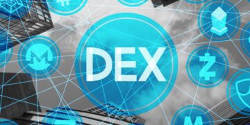 A digital illustration featuring the acronym "DEX" at the center, surrounded by various cryptocurrency symbols, including Bitcoin and Ethereum, connected by blue trading lines. The background includes tall buildings and a cloudy sky, blending the digital and physical worlds. | FintechZoom