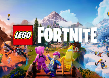 Illustration of a vibrant, fictional landscape from a LEGO Fortnite crossover, featuring various LEGO characters like a pink bear, banana, and blue robot. They stand on a wooden platform amidst diverse terrains, from mountains and snow to forests and deserts. | FintechZoom