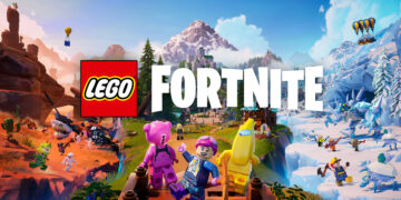 Illustration of a vibrant, fictional landscape from a LEGO Fortnite crossover, featuring various LEGO characters like a pink bear, banana, and blue robot. They stand on a wooden platform amidst diverse terrains, from mountains and snow to forests and deserts. | FintechZoom