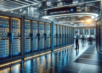 A high-tech server room with multiple racks of illuminated servers, resembling the sleek environment that drives SMCI Stock's cutting-edge performance. Two people are working: one stands studying the servers, while the other is seated at a desk with multiple monitors. The space is futuristic, glowing with blue LED lights and high ceilings. | FintechZoom