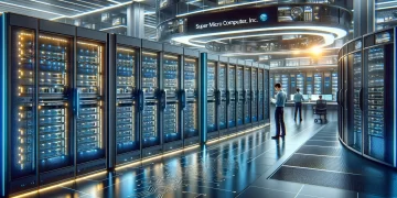 A high-tech server room with multiple racks of illuminated servers, resembling the sleek environment that drives SMCI Stock's cutting-edge performance. Two people are working: one stands studying the servers, while the other is seated at a desk with multiple monitors. The space is futuristic, glowing with blue LED lights and high ceilings. | FintechZoom