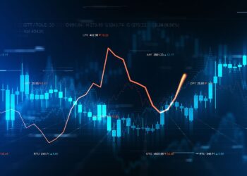 A digital financial chart with multiple data lines and graphs on a blue and black background. Various stock codes, including LHCM, and prices are displayed in orange and blue, with a prominent orange line showing significant value changes. The image conveys dynamic stock market activity. | FintechZoom