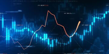 A digital financial chart with multiple data lines and graphs on a blue and black background. Various stock codes, including LHCM, and prices are displayed in orange and blue, with a prominent orange line showing significant value changes. The image conveys dynamic stock market activity. | FintechZoom