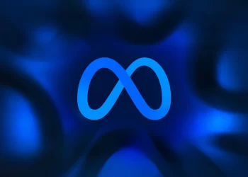 A stylized blue infinity symbol, resembling a looped letter "M," is centered on a dark blue background with smooth, abstract patterns, evoking the dynamic flow of Meta Stock. | FintechZoom
