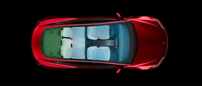 A top view of a red car with a transparent roof, showing the interior seating arrangement. There are two front seats, two rear seats, and additional space in the back. The seats are white, and the car's exterior is a vibrant red. The dashboard is visible, reminiscent of the sleek design you’d expect from Tesla stock offerings. | FintechZoom
