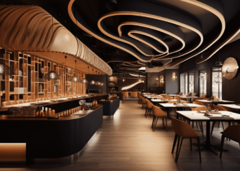 A modern, stylish restaurant interior featuring sleek wooden furniture, an elegantly curved ceiling with ambient lighting, and a contemporary bar area with stools. The dining experience is enhanced by neatly arranged tables, warm earthy tones, and artistic decor. | FintechZoom