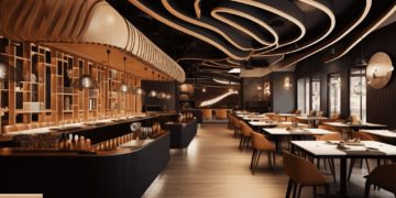 A modern, stylish restaurant interior featuring sleek wooden furniture, an elegantly curved ceiling with ambient lighting, and a contemporary bar area with stools. The dining experience is enhanced by neatly arranged tables, warm earthy tones, and artistic decor. | FintechZoom