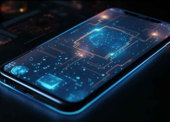 A smartphone with a glowing blue and orange circuit board graphic displayed on its screen, lying on a dark surface. The screen showcases intricate digital patterns and electronic components, highlighting the seamless integration of Fintech for a futuristic and high-tech appearance. | FintechZoom