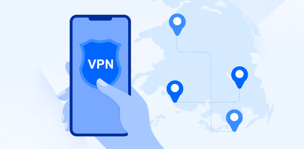 Illustration of a hand holding a smartphone displaying a VPN shield icon on the screen. In the background, a simplified world map features four location markers connected by a dotted line, representing different server locations offered by the best free VPN services. | FintechZoom