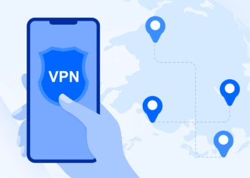 Illustration of a hand holding a smartphone displaying a VPN shield icon on the screen. In the background, a simplified world map features four location markers connected by a dotted line, representing different server locations offered by the best free VPN services. | FintechZoom