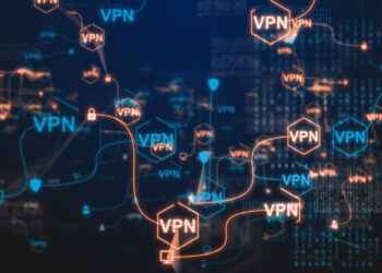 A digital network visualization of blue and orange VPN icons connected by lines. Multiple glowing hexagons display "VPN" text, representing the best VPN connections. The background features abstract binary code and technology elements. | FintechZoom