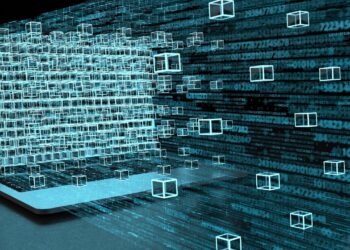A digital visualization of a blockchain concept. A 3D blue-toned grid structure emerges from a laptop on the left, extending into floating cube-like blocks representing blockchain technology. Binary code streams in the background, signifying data transfer and decentralized technology. | FintechZoom
