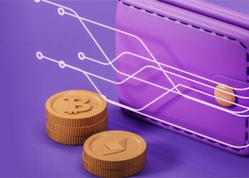 A purple digital wallet, touted as the best crypto wallet, with electronic circuitry illustrations interconnected to it, placed beside two golden cryptocurrency coins featuring Bitcoin and Ethereum logos, all set against a matching purple background. | FintechZoom