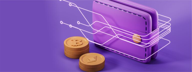 A purple digital wallet, touted as the best crypto wallet, with electronic circuitry illustrations interconnected to it, placed beside two golden cryptocurrency coins featuring Bitcoin and Ethereum logos, all set against a matching purple background. | FintechZoom