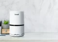 A Levoit air purifier, renowned as the best air purifier, sits on a white marble countertop. The purifier features a sleek, cylindrical design with a white body and black accents. Beside it, there is a small green potted plant and a wooden box with books and pens in the background. | FintechZoom