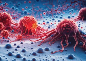 Digital illustration of cancer cells, depicted in red with tentacle-like extensions, spreading across a blue-tinted background. The image emphasizes the aggressive nature and complex structure of the cancerous cells, reminiscent of a Merus Stock visual style. | FintechZoom