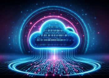 A glowing digital cloud with binary code streaming from it, representing cloud computing and data transfer. The cloud hovers over a futuristic grid surface with neon lights and data streams flowing towards it, integrating seamlessly with legacy systems, set against a dark, star-filled background. | FintechZoom